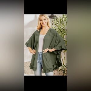 HEIMISH USA Olive Green Ruffle Sleeve Poncho